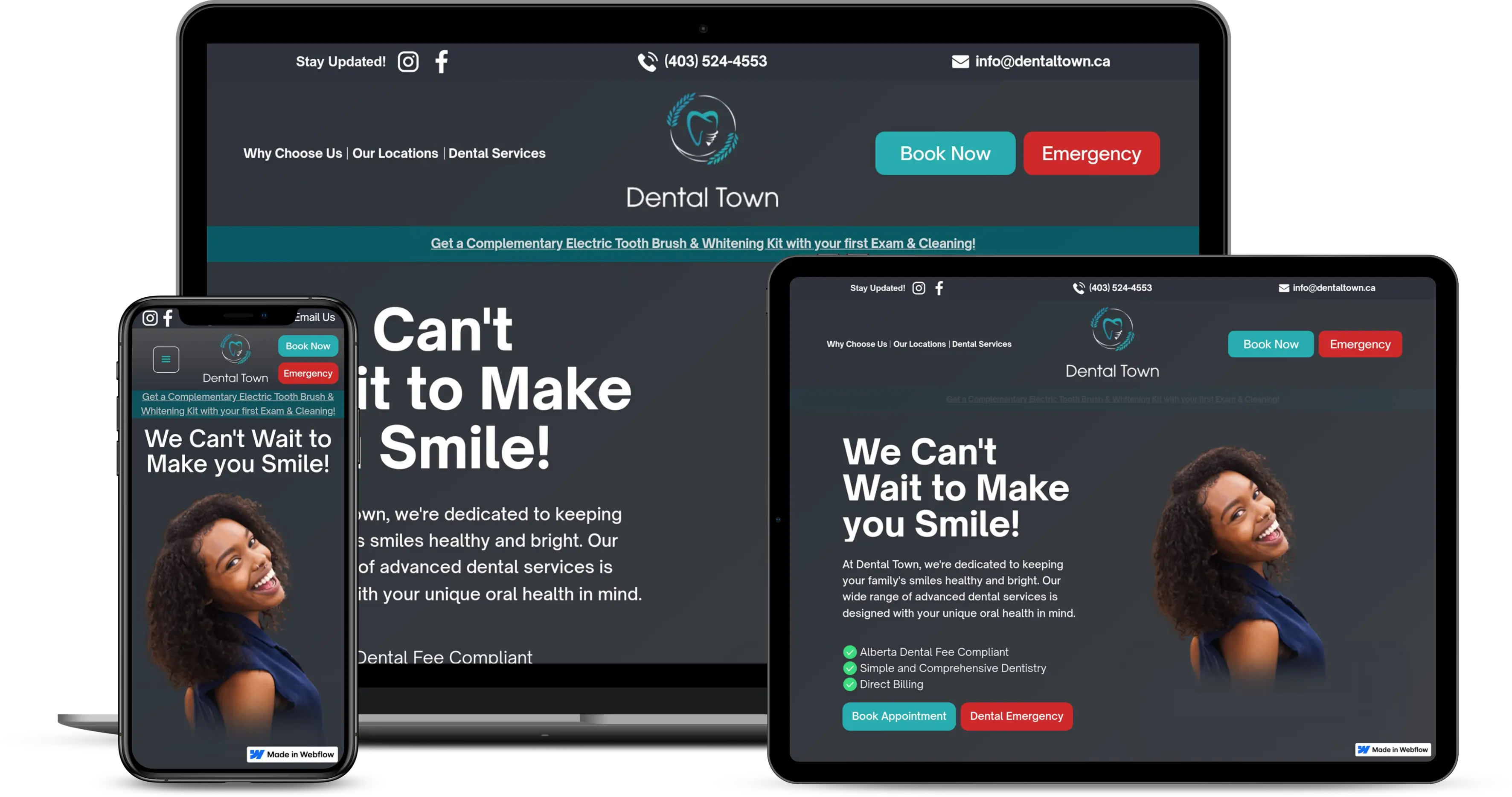 Image showing the Dental Town Website displayed on three different devices. A mobile phone, an Ipad and a laptop.